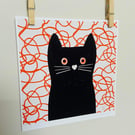 Art print illustration wall art black cat mesmerised by yarn 