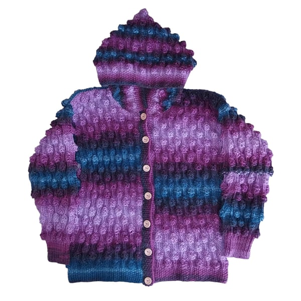 Hand Knitted Children's Hooded Cardigan, Bobble Jacket Ages 6-7, Multicoloured K