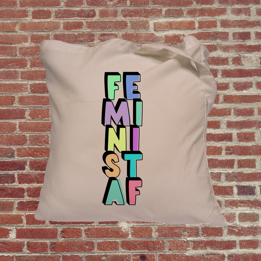 Feminist AF slogan with box shadow, Independent woman feminist tote bag. Female 