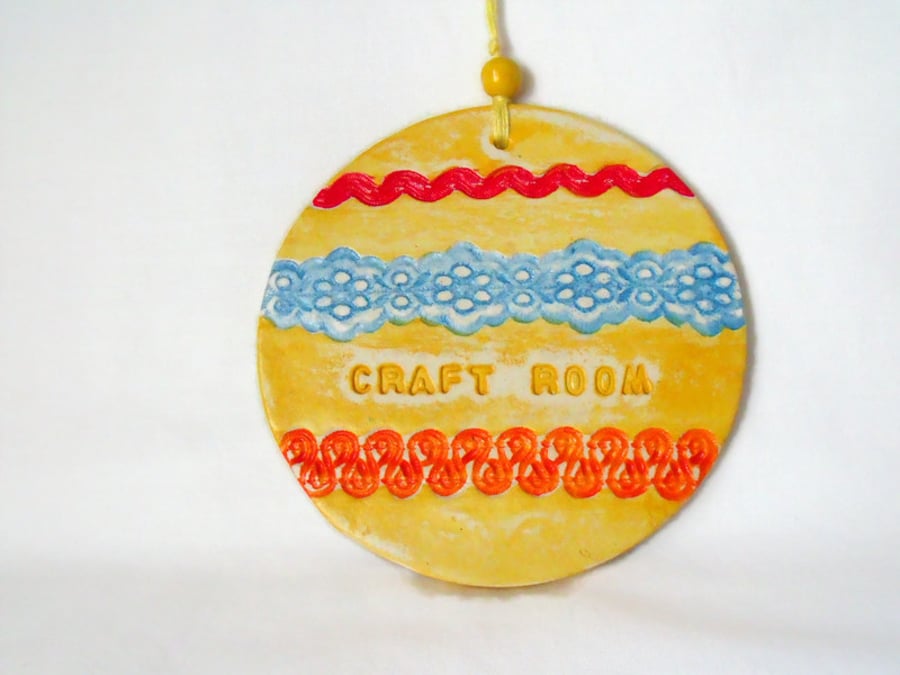 clay craft room sign in yellow for hanging from your wall or door