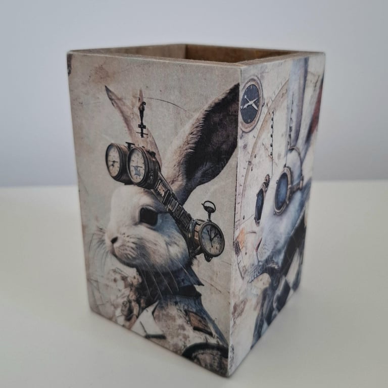 Decoupage Wooden Pen Pot, Steampunk White Rabbit Organiser