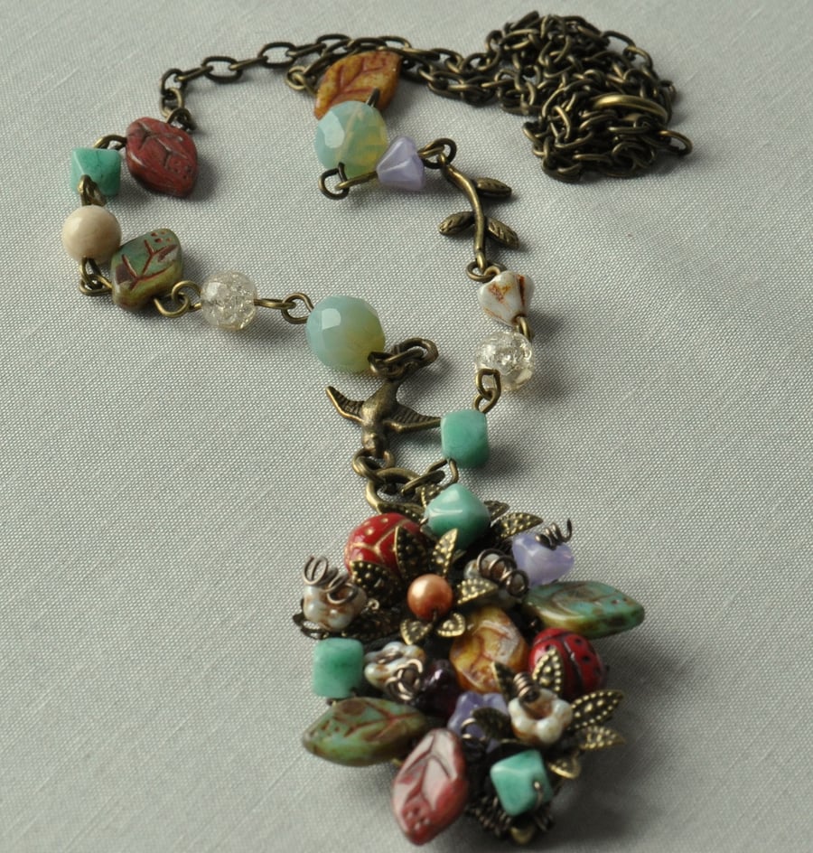 RESERVED FOR KAY Handmade Beaded Leaf Pendant with Beads