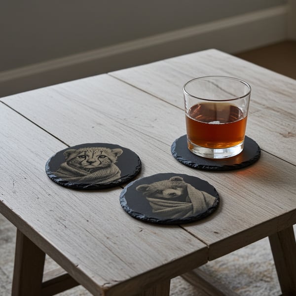 Set of 4, Round Slate Coasters - Bear and Cub in Blanket Collection, bumper feet
