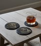 Set of 4, Round Slate Coasters - Bear and Cub in Blanket Collection, bumper feet