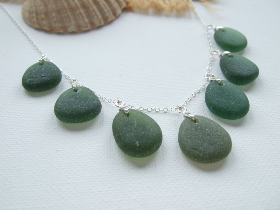 Seaham green sea glass necklace, beach glass multi pendant necklace 18" sterling