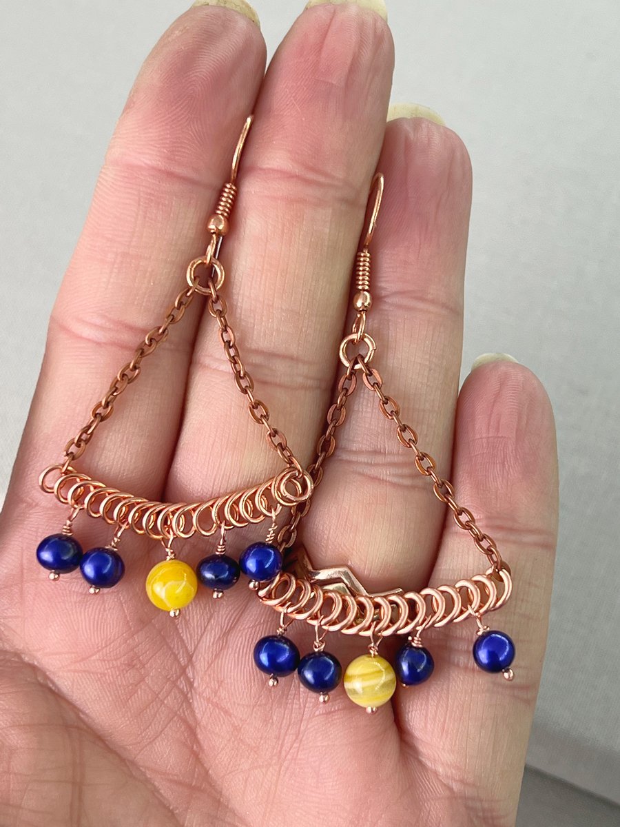 Copper Chandelier Earrings With Yellow Agate and Pearls