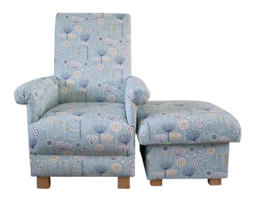Duck Egg Floral Fabric Adult Chair & Footstool Armchair Blue Green Accent 