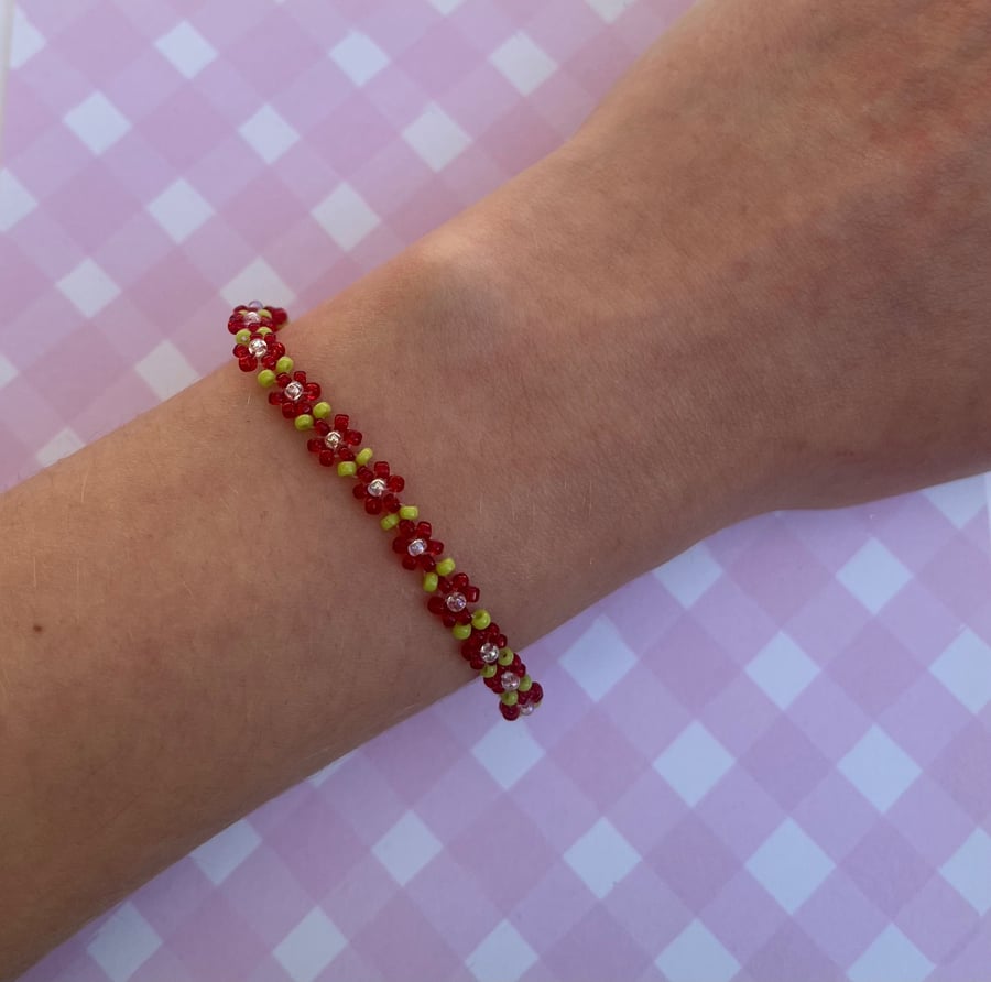 Red Flower Seed Bead Bracelet
