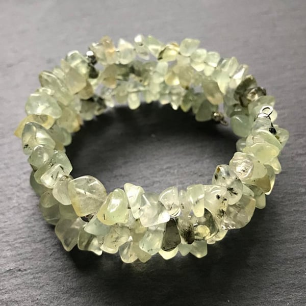 Prehnite Gemstone Adjustable Memory Wire Wrap Bracelet (Made To Order)