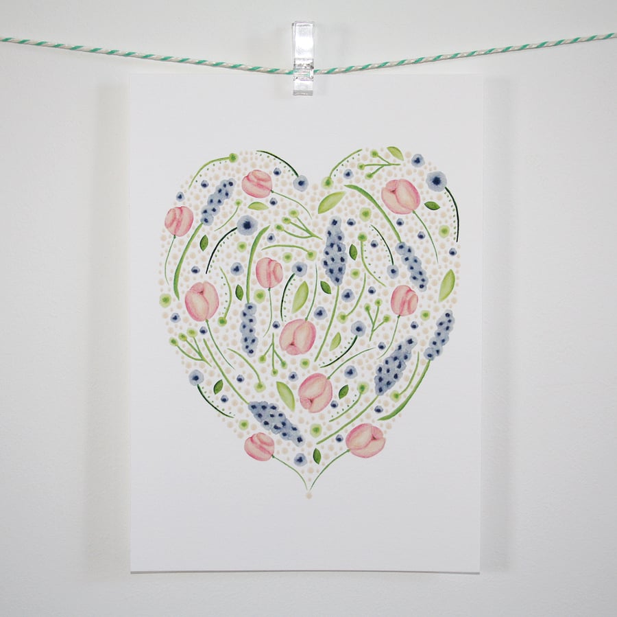 Watercolour floral heart A5 print