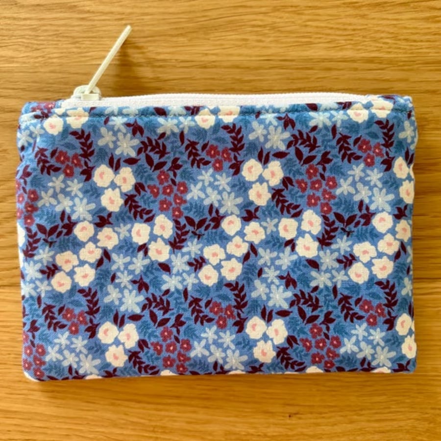 Small zipped fabric purse, pouch, make up bag, in blue floral print