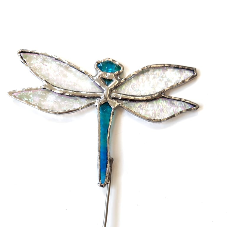 Iridescent Stained Glass Dragonfly plant stake
