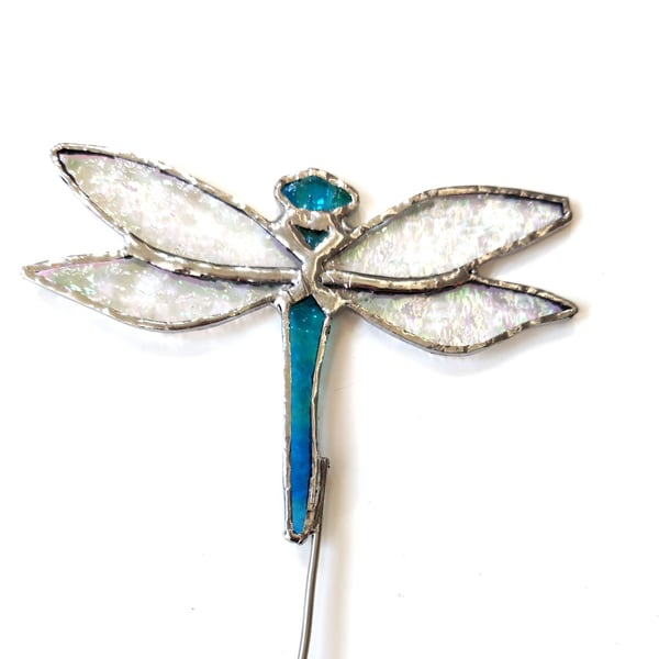Iridescent Stained Glass Dragonfly plant stake