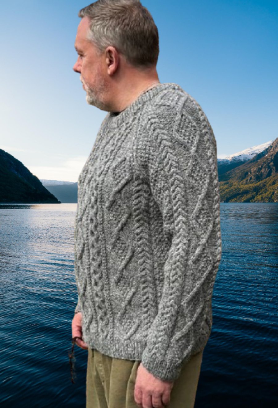 Grey Hand Knitted Aran Weight Shetland Wool Sweater Chest 107-112cms (42-44")