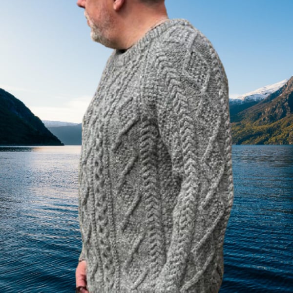 Grey Hand Knitted Aran Weight Shetland Wool Sweater Chest 107-112cms (42-44")