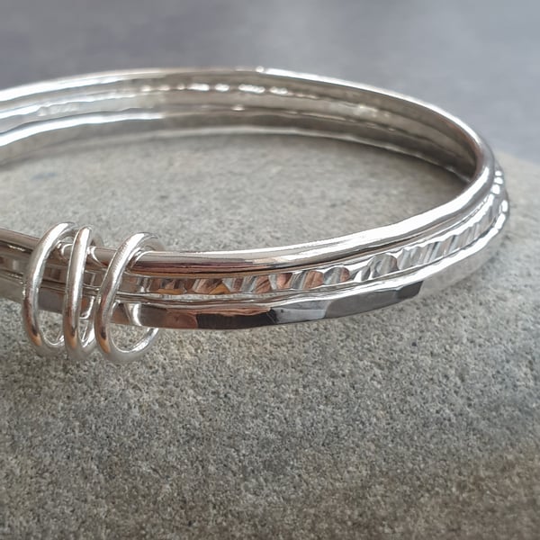 Sterling silver bangle set, Set of three silver bangles with spinner rings 
