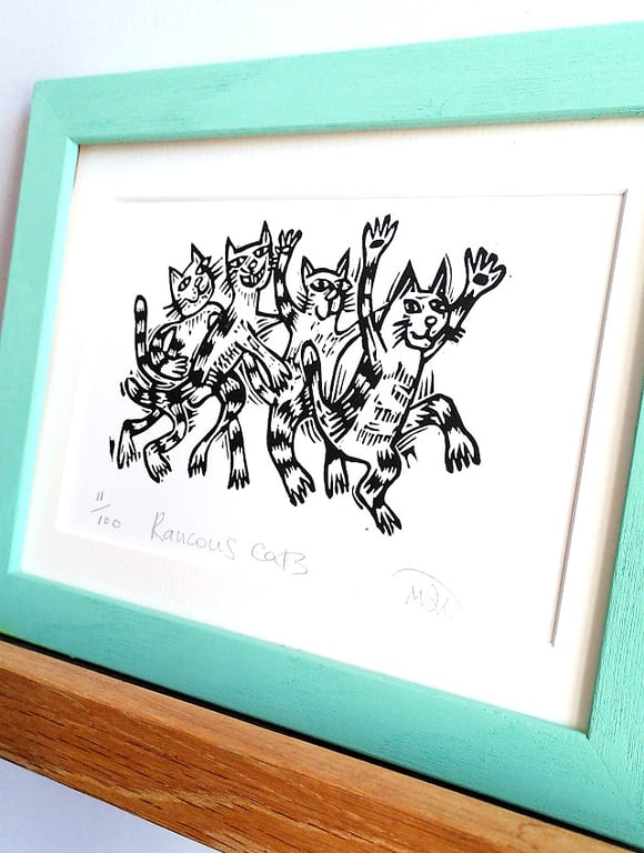 Raucous Cats - unframed lino cut print
