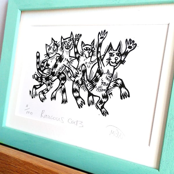 Raucous Cats - unframed lino cut print