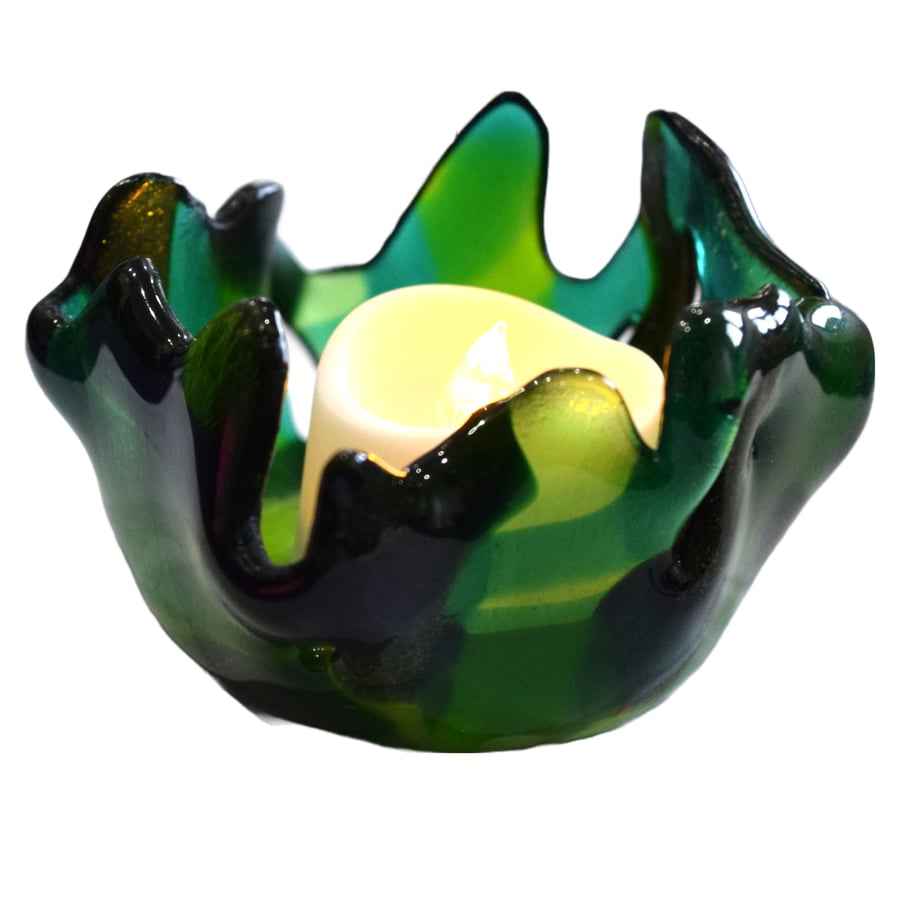 Handmade Fused Glass Green Candle Holder.
