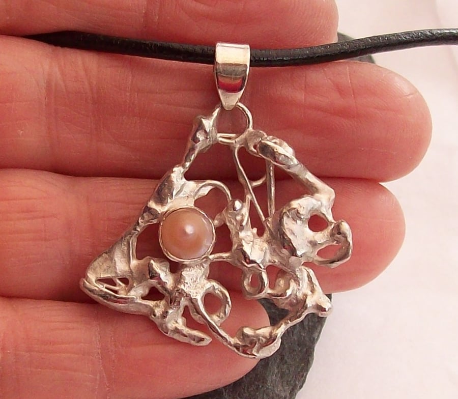 Silver Skeleton Angel Fish Pendant, Fused Sterling Silver with Blister Pearl