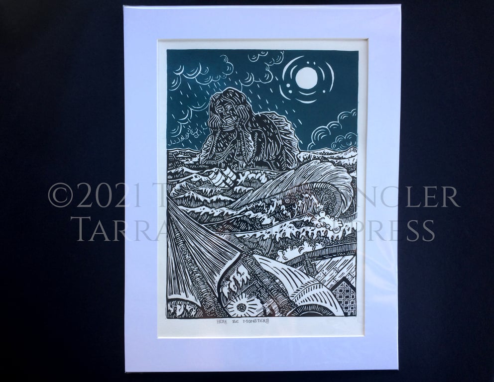 Here Be Monsters - Limited Edition - Hand printed & painted Linoprint