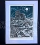 Here Be Monsters - Limited Edition - Hand printed & painted Linoprint - Image 1
