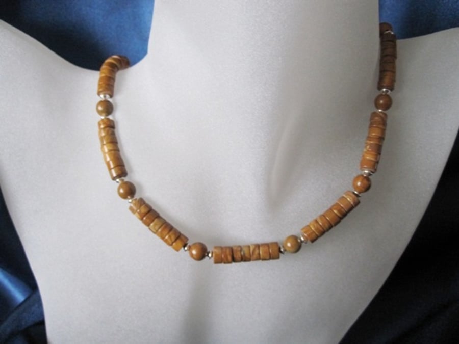 Tan Brown Gold Lace Agate Heishi Beads & Sterling Silver Necklace