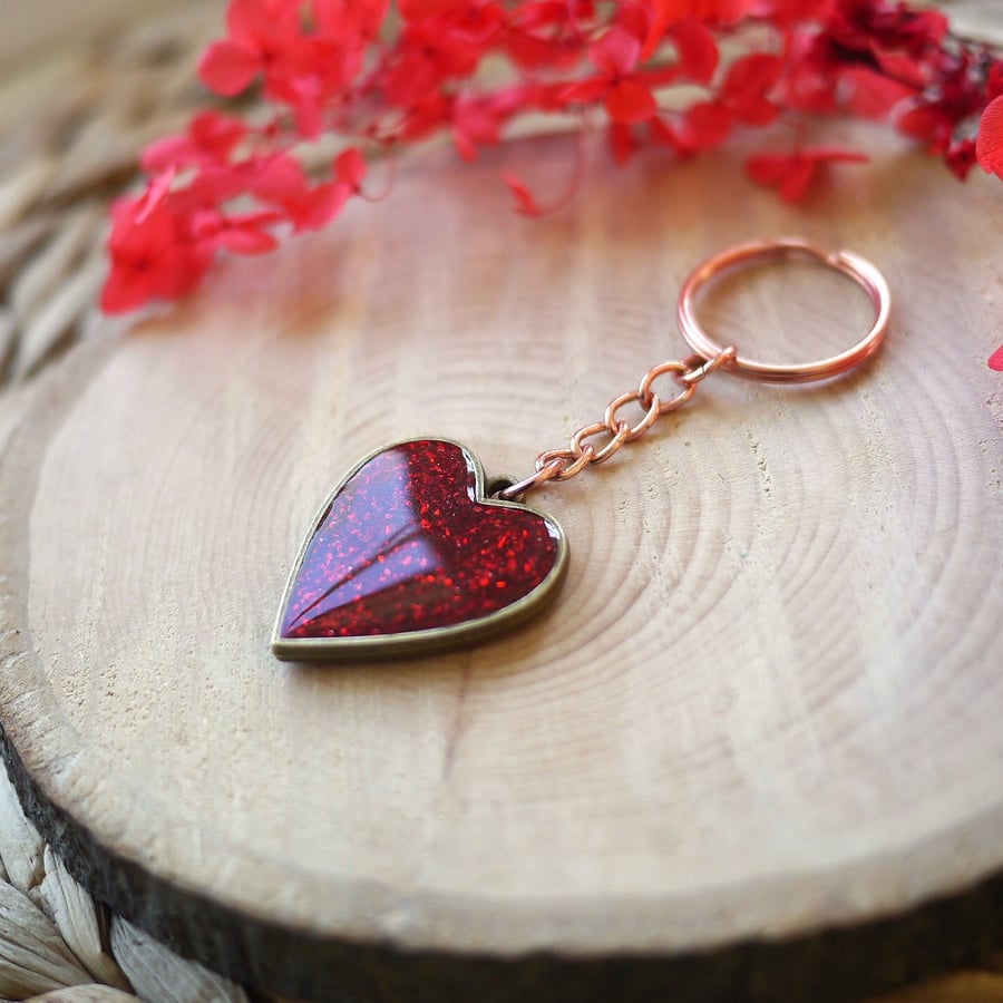 Red Heart Sparkly Keyring - Rose Gold and Antique Bronze Edition
