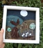 Textile hare under the moon landscape. Hand stitched onto fabric pieces. - Image 2