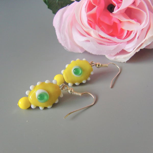 Yellow Art Glass Bead with White Dots and Green Eye Earrings, Gift for Her