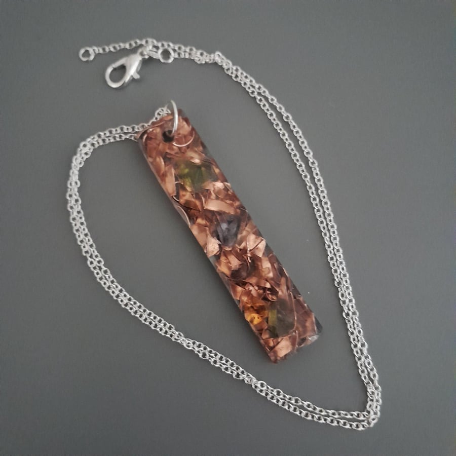 Handmade curly copper flakes and sea glass chips in resin pendant handmade  