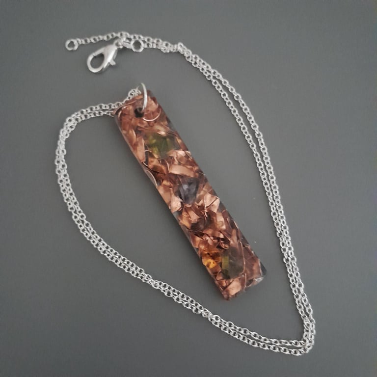 Handmade curly copper flakes and sea glass chips in resin pendant handmade  
