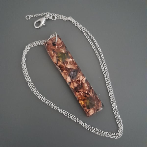 Handmade curly copper flakes and sea glass chips in resin pendant handmade  