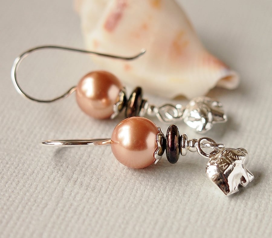 Bronze Pearl Earrings With Elephant Charm - Sterling Silver