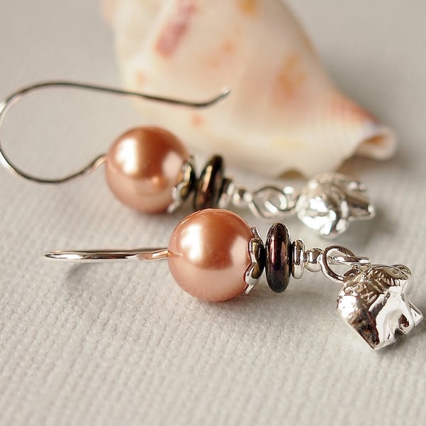 Bronze Pearl Earrings With Elephant Charm - Sterling Silver