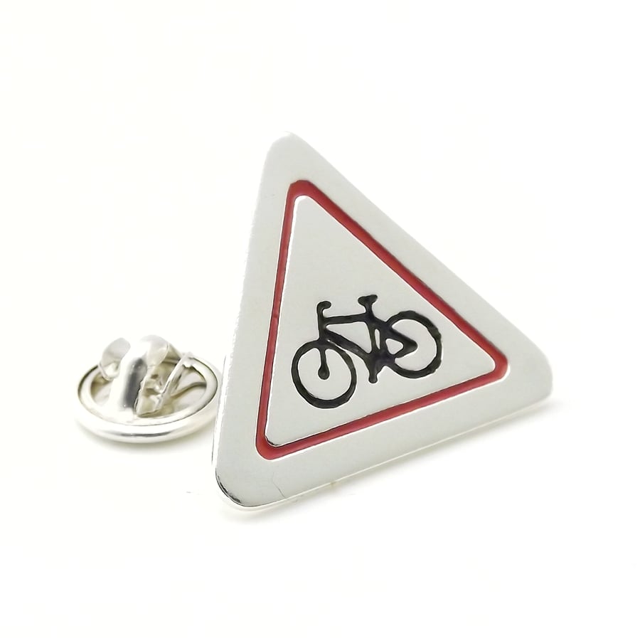Cyclist Road Sign Tie Pin, Silver Bicycle Jewellery, Handmade Bike Gift for Him