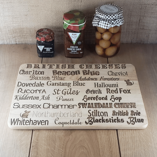 British Cheeses - Laser Engraved Wooden Cheese or Chopping Board