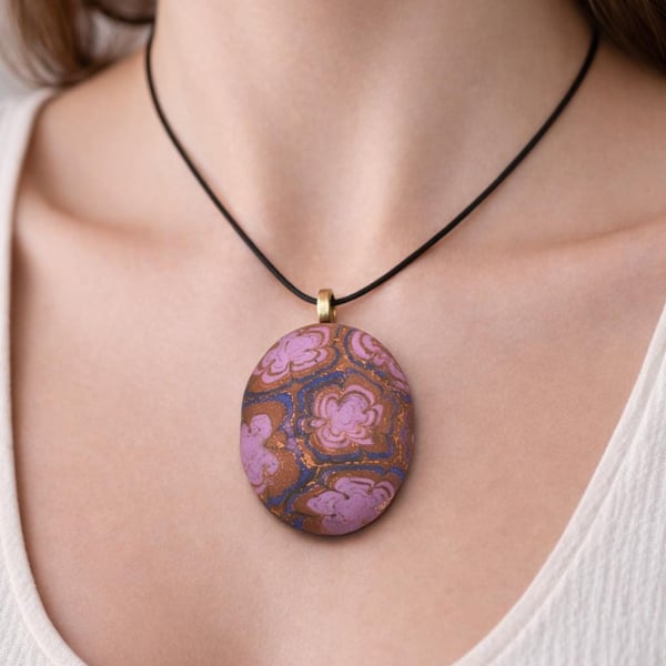 Handmade Oval Polymer Clay Pendant Necklace, Colourful Artisan Jewellery, Boho S