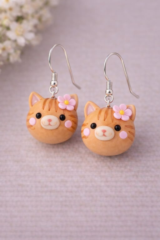 Ginger Cat Clay Earrings with Pink Flower – Cute Cat Dangle Jewellery