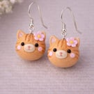 Ginger Cat Clay Earrings with Pink Flower – Cute Cat Dangle Jewellery