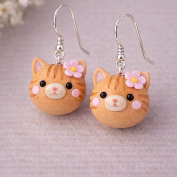 Ginger Cat Clay Earrings with Pink Flower – Cute Cat Dangle Jewellery