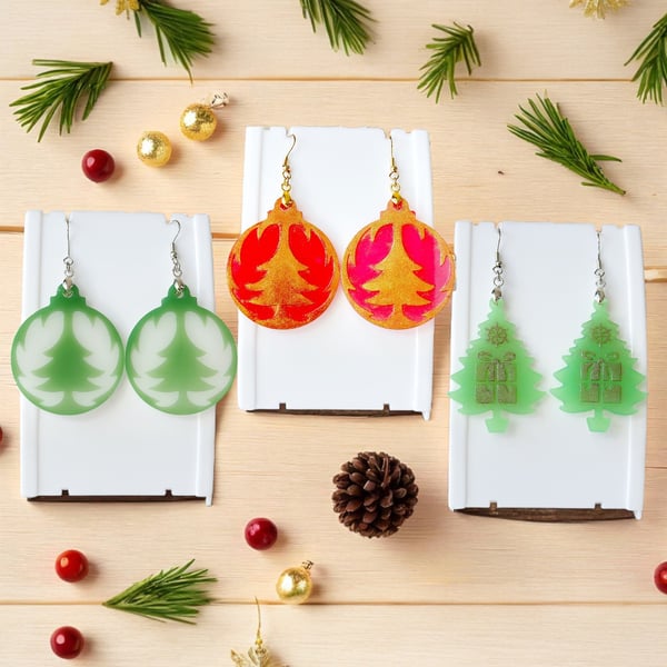 Winter earrings Christmas tree ornament Resin Dangle Festive Holiday jewelry