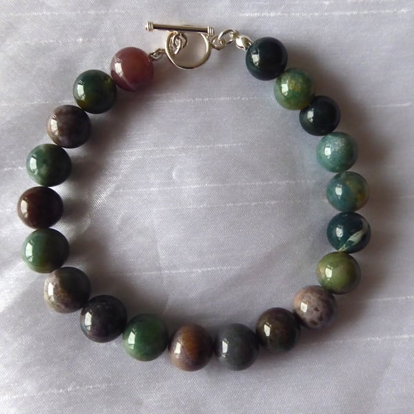  Large 10mm Indian Agate Gemstones Bracelet with Sterling Silver Fittings