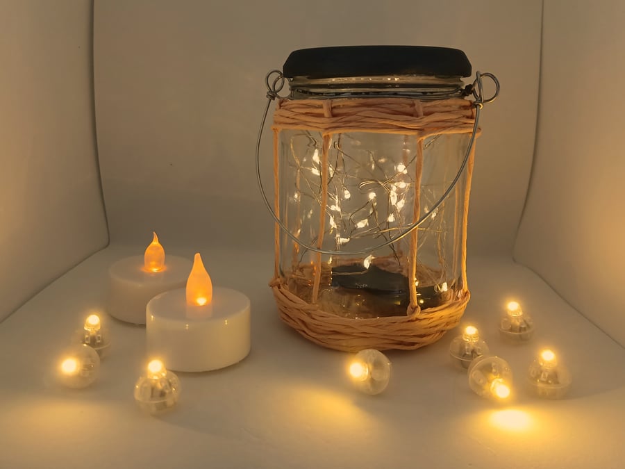 Rustic, Upcycled Glass Jar Lantern with Fairy Lights (Light Brown)