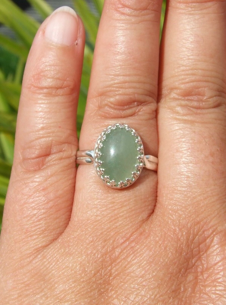 Ring Sterling Silver Adjustable Jewellery Gift Green Aventurine Oval Gemstone