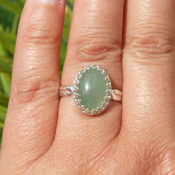 Ring Sterling Silver Adjustable Jewellery Gift Green Aventurine Oval Gemstone