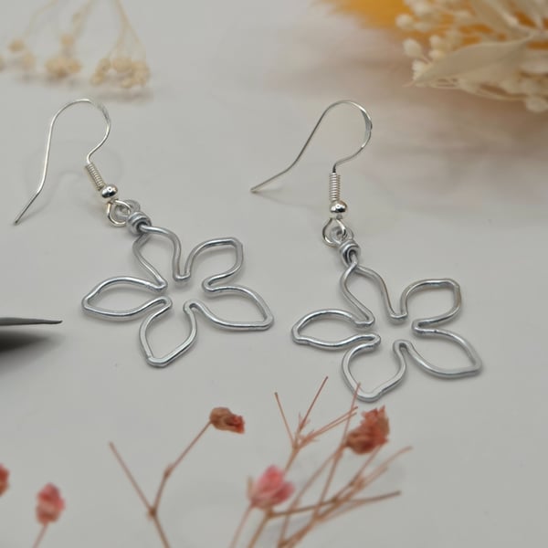 Silver wire wrapped flower charm dangle earrings, sterling silver hooks