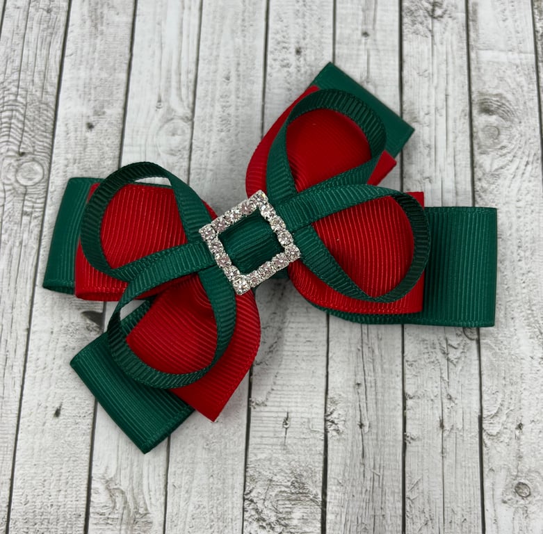 School Hunter Green and Red Layer Bow with Hunter Green Loops on Clip