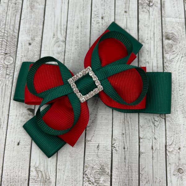 School Hunter Green and Red Layer Bow with Hunter Green Loops on Clip