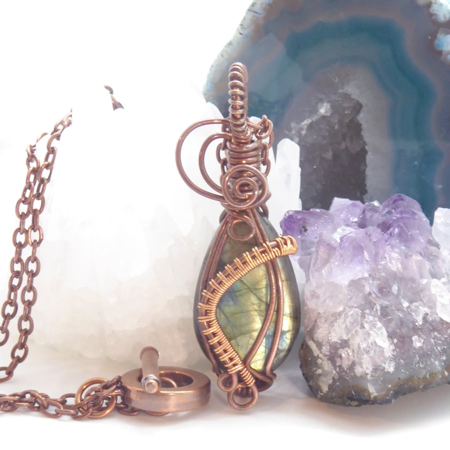 Aged Labradorite and Copper Teardrop Pendant 